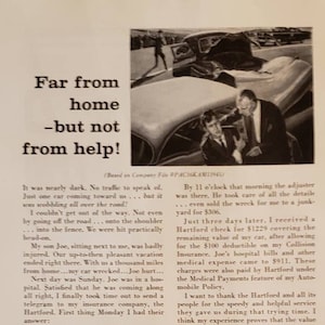 1956 HARTFORD Fire Insurance Company Group Far From Home Car Accident Policy Protection Vintage Print Ad