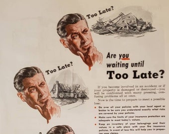 1954 AMERICA FORE Insurance Group Accident Property Damage Protection Waiting Too Late Vintage Print Ad
