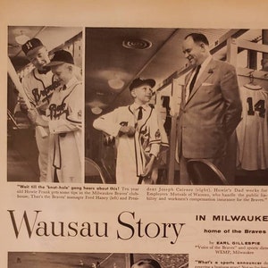 1957 EMPLOYERS MUTUAL of WAUSAU Insurance Milwaukee Braves Baseball Team Sports Announcer Earl Gillespie Joe Cairnes Vintage Print Ad