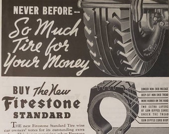 1936 FIRESTONE STANDARD TIRE Car Tires Value Vintage Print Ad