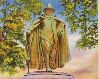 SPRINGFIELD MA Massachusetts State Street Puritan Deacon Chapin Statue Vintage Linen Post Card