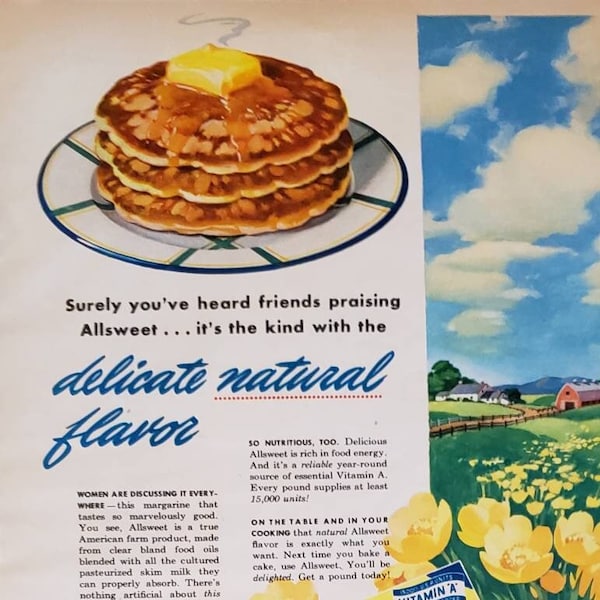 1946 SWIFT'S Oleo Allsweet Margarine Pancakes Yellow Flowers A&P Blended Teas Mayfair Nectar Our Own Tea Set Vintage Print Ad