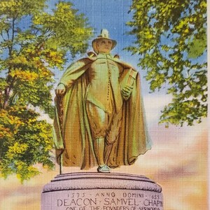 SPRINGFIELD MA Massachusetts State Street Puritan Deacon Chapin Statue Vintage Linen Post Card