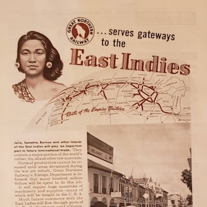 1946 GREAT NORTHERN RAILWAY Gateway Train Travel East Indies Medan Sumatra Indonesia Vintage Print Ad