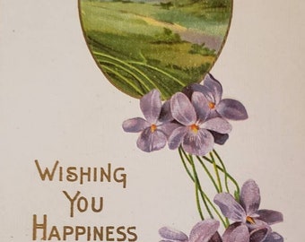 DESEÁNDOLE FELICIDAD Flores Púrpuras En relieve Postal Vintage