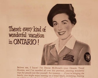 1954 ONTARIO TRAVEL Canada Vacations Denise McDonald Vintage Print Ad