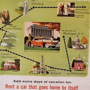 1957 AVIS Rent-A-Car Rental Car Roadtrip Map METROPOLITAN LIFE Insurance Magic Magician Vintage Print Ad