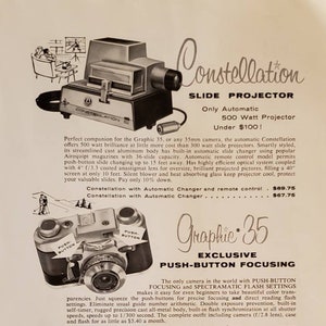 1956 GRAFLEX Konstellation Diaprojektor Grafik 35 Kamera Ampro Tape Recorder Fotografie Vintage Print Ad