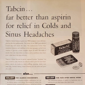 1956 TABCIN Cold Sinus Headache Medicine Miles Laboratories Pharmaceuticals Health Vintage Print Ad
