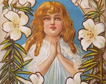 SALUDOS DE PASCUA Niña Oración Lirios Estampado Postal Vintage