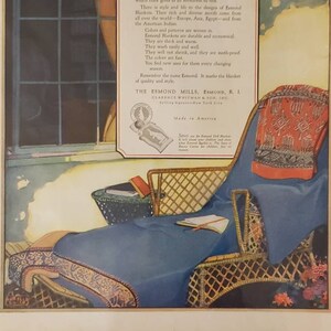 May include: A vintage advertisement for Eamond Blankets featuring a woman sitting on a wicker porch swing with a blue blanket draped over her lap. The text reads "Eamond Blankets Where bright colors are restful." The ad highlights the quality and style of the blankets, mentioning their durability, warmth, and moth-proof qualities.