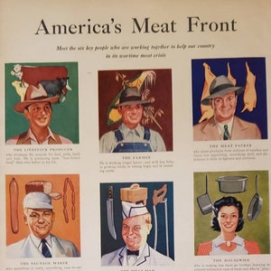 1943 AMERICAN MEAT Institute Chicago People Sausage Maker Farmer Housewife TEXACO Petroleum Lubricant Bombing World War 2 Vintage Print Ad