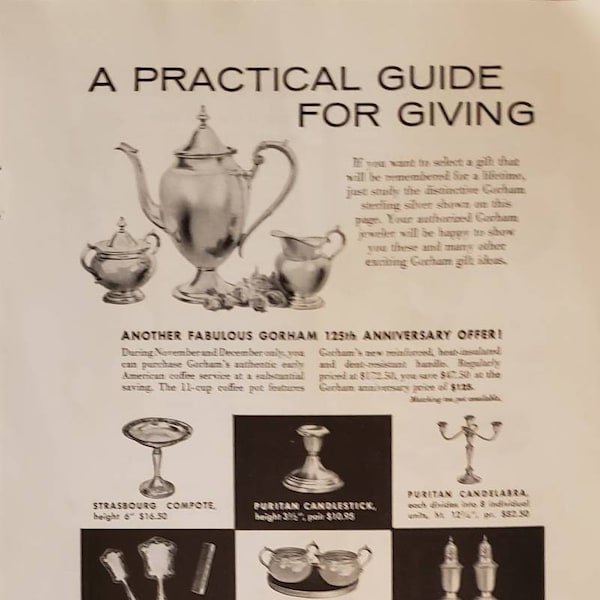 1956 GORHAM STERLING Silver Coffee Service Candelabra Bowl  Plate Vintage Print Ad