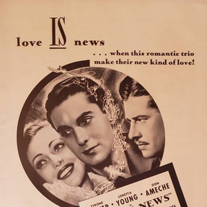 1937 LOVE IS NEWS Hollywood Movie Film Tyrone Power Loretta Young Don Amerie Darryl Zanuck 20th Century Fox Vintage Print Ad