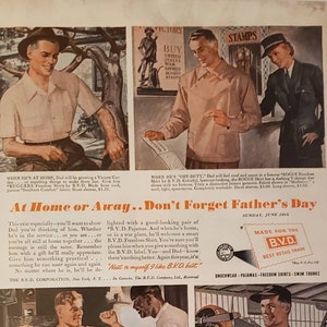 1943 B.V.D. Mens Clothing Clothes Fashion World War 2 Freedom Shirt Service Stripes Pajamas Safety Shirts Vintage Print Ad