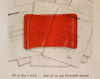 1956 DICTAPHONE Time Master Dictating Machine Office Equipment Red Plastic Belt Dictabelt Record Days Work Dictation Vintage Print Ad