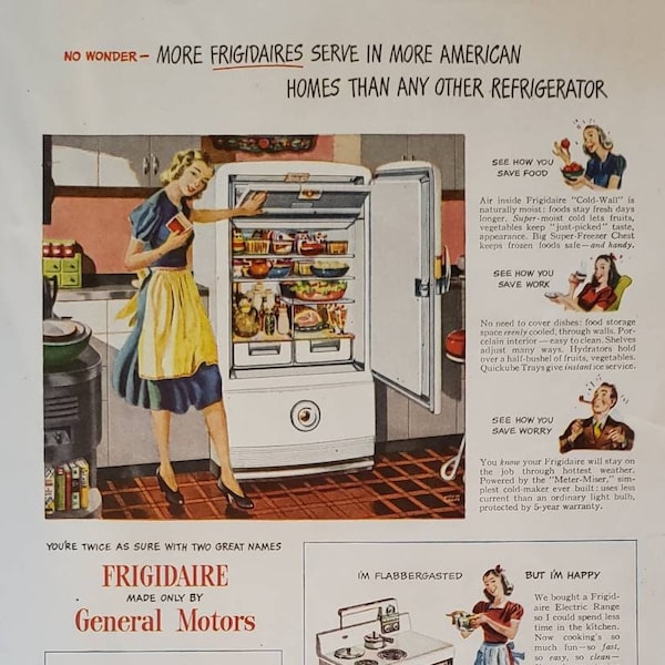 1948 FRIGIDAIRE Refrigerator Electric Range Water Heater General Motors Appliances Vintage Print Ad