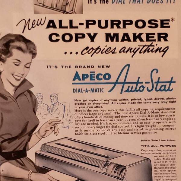 1956 APECO Dial-a-Matic Auto Stat All Purpose Copy Maker Copier American Photocopy Equipment Office Machine Vintage Print Ad