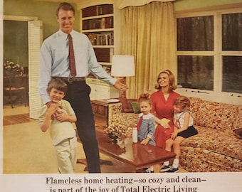 1967 EDISON ELECTRIC INSTITUTE Total Electric Living Flameless Home Heating Family Living Room Vintage Print Ad