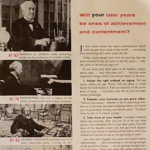 1956 METROPOLITAN LIFE INSURANCE Older People Achievements Edison Paderewski Tennyson Benjamin Franklin Aging Health Vintage Print Ad