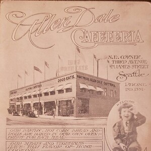 Cartão Postal SEATTLE WA Washington Allen Dale Cafeteria Restaurante Terceira Avenida James Street Vintage