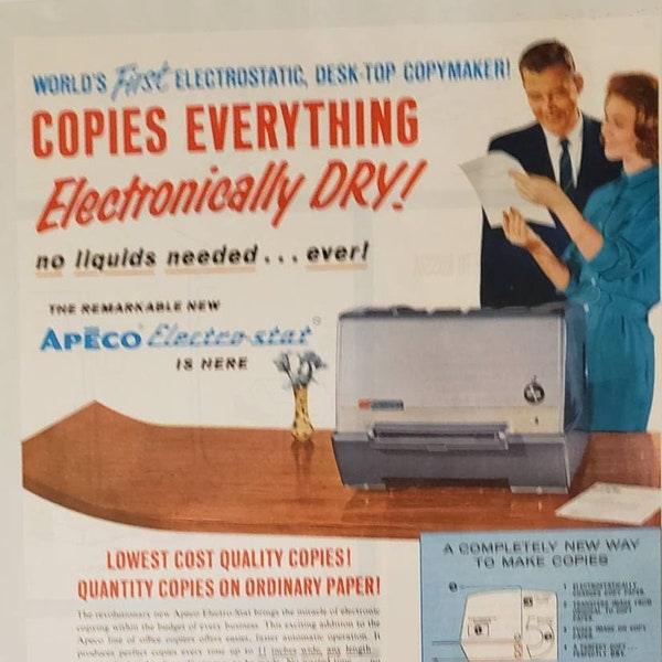 1962 APECO American Photocopy Equipment Company Electrostatic Desktop Copymaker Copier Copy Office Machine Vintage Print Ad