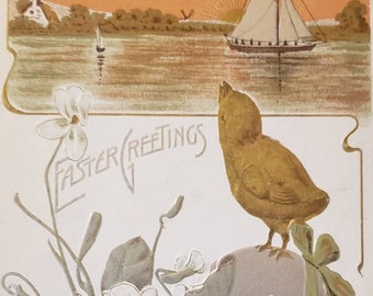 EASTER GREETINGS Chick Egg Sailboat Embossed Vintage Post Card