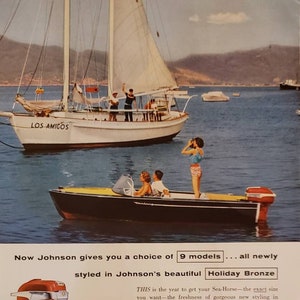 1956 JOHNSON Sea Horse  Outboard Boat Motor METROPOLITAN LIFE Insurance Circus Performer Teeth Health Vintage Print Ad