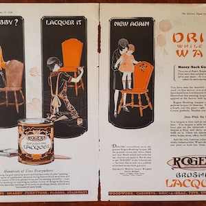 1926 ROGERS BRUSHING LACQUER Paint Coating Shabby Furniture Detroit White Lead Works 2-Page Vintage Print Ad