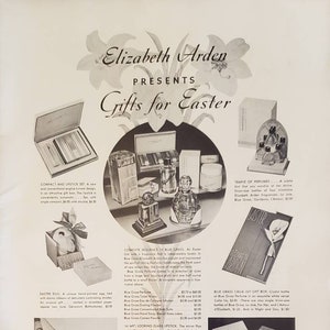 1937 ELIZABETH ARDEN Gifts for Easter Woman Beauty Perfume Fragrance Compact Lipstick Cosmetics Makeup Vintage Print Ad