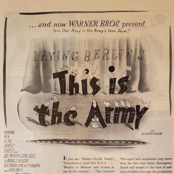 1943 WARNER BROS Motion Pictures Movie Irving Berlin This is the Army World War 2 Ronald Reagan Joan Leslie Kate Smith Vintage Print Ad