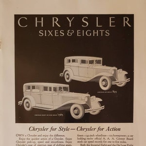 1931 CHRYSLER Six Sedan Imperial Eight Deluxe Cars Car Automobile Vintage Print Ad