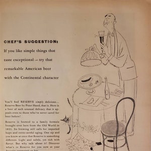1957 RESERVE BEER Peter Hand Brewery Chicago Alcohol Liquor Jane Miller Art Vintage Print Ad
