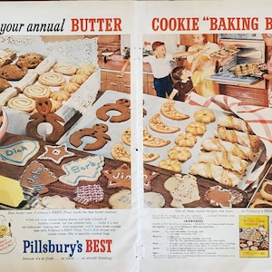 1957 PILLSBURY es BEST All Purpose Mehl Urlaub Kekse Butter Keks Backen Bienen Rezept Essen 2 Seite Vintage Print Ad
