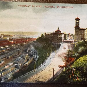 Carte postale vintage TACOMA WA Gateway to the City Road Port View 1908