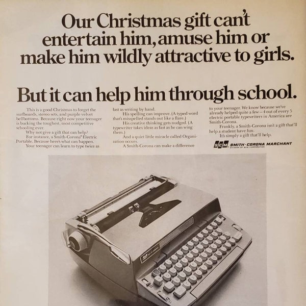 1970 SMITH CORONA MARCHANT Electric Portable Typewriter Teenager Gift School Education Vintage Print Ad