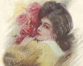 Hübsche Brunette Lady - Frau in Gelb - Vintage Postkarte - DIGITALE Postkarte - Digital Download - Druckbare Postkarte - 1909