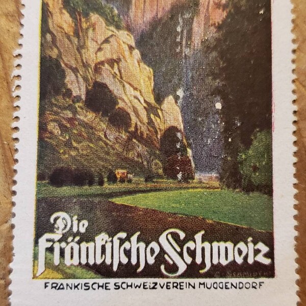 Vintage German Advertising Poster Stamp Germany Die Fränkische Schweiz Muggendorf View