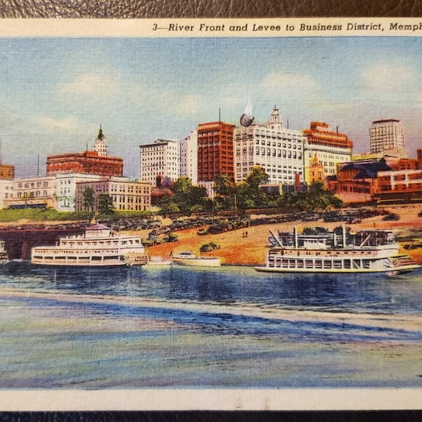 MEMPHIS TENNESSEE River Front Levee Business District Vintage Linen Post Card