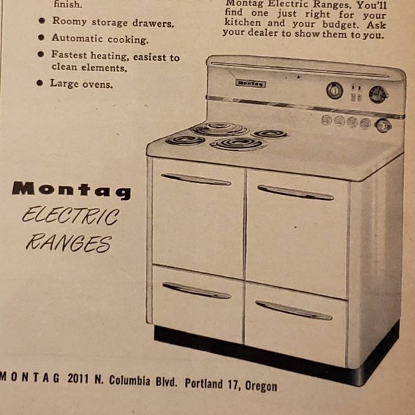 1950 MONTAG ELECTRIC RANGES Stove Oven Kitchen Appliance Household Vintage Print Ad