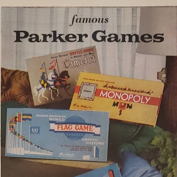 1961 PARKER BROTHERS Board Games Camelot Monopoly Flag Game Risk Gifts Vintage Print Ad