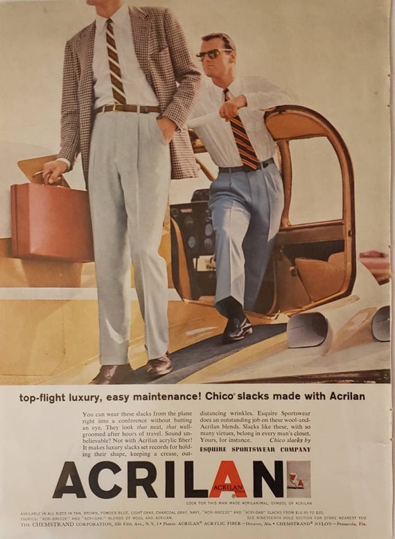 1957 ACRILAN Acrylic Fiber Clothing Mens Fashion Chico Slacks Pants Esquire  Sportswear Chemstrand Vintage Print Ad 