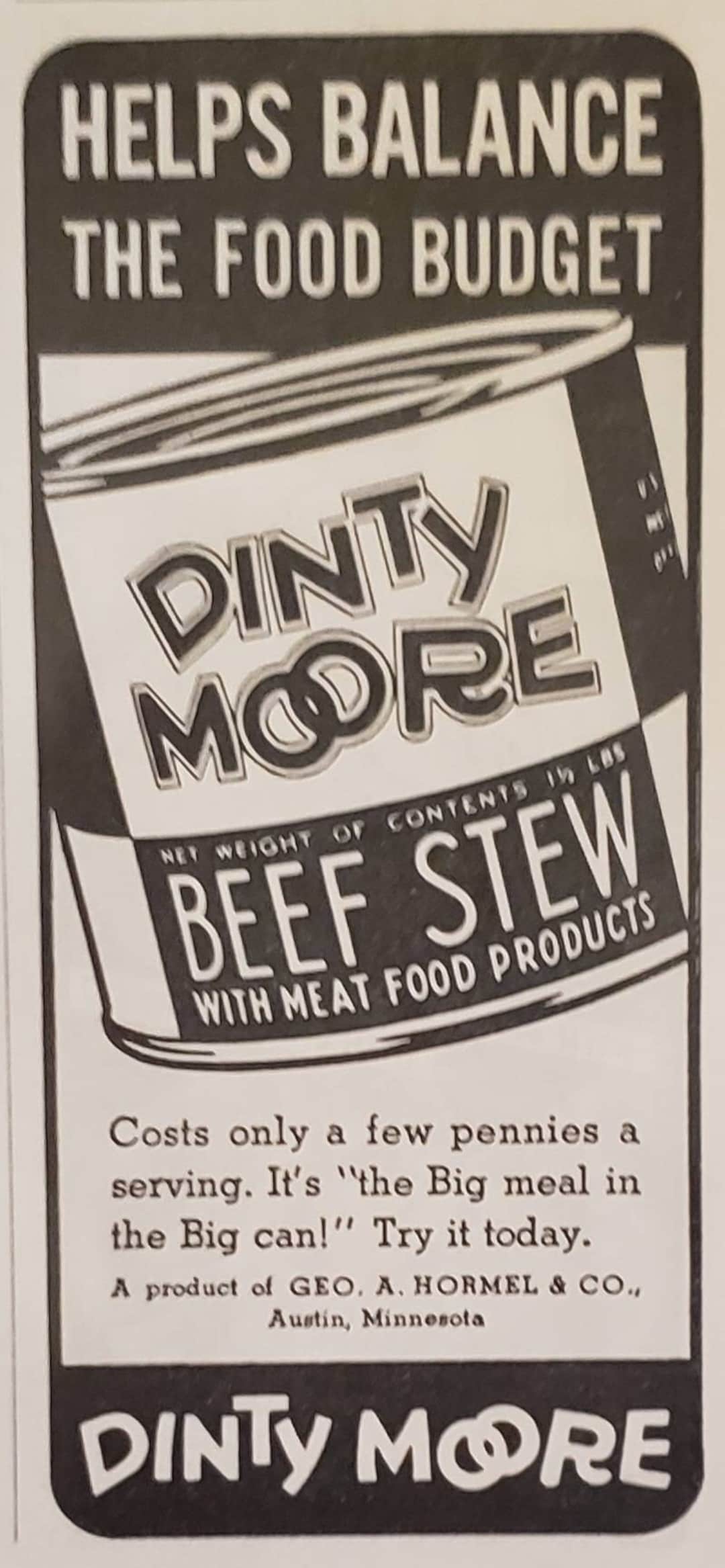 1939 DINTY MOORE Beef Stew Hormel Food Budget Vintage Print Ad - Etsy