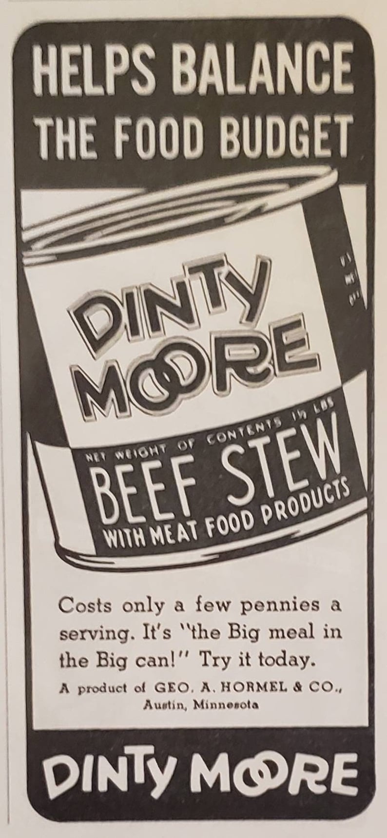 1939 DINTY MOORE Beef Stew Hormel Food Budget Vintage Print Ad - Etsy