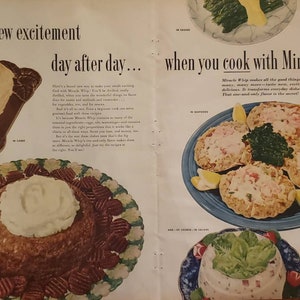 1954 クラフト ミラクル ホイップ サラダ ドレッシング エキサイティングな食事 フード アイデア ケーキ 肉 ソース シーフード サラダ 2 ページ ビンテージ 印刷広告