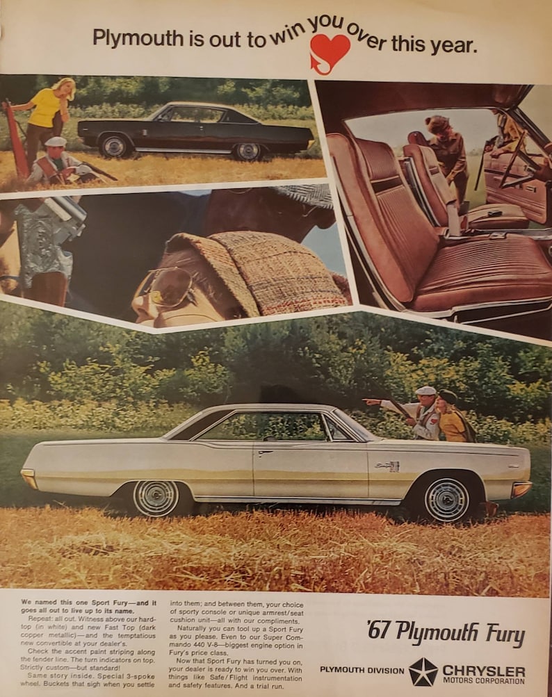 1967 PLYMOUTH Sport Fury Car Chrysler Cars Vintage Print Ad image 1