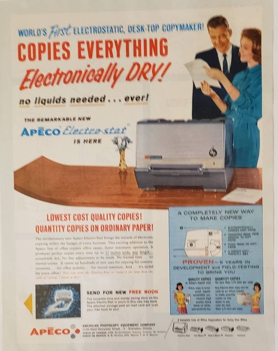 1962 APECO American Photocopy Equipment Company Electrostatic Desktop  Copymaker Copier Copy Office Machine Vintage Print Ad - Etsy
