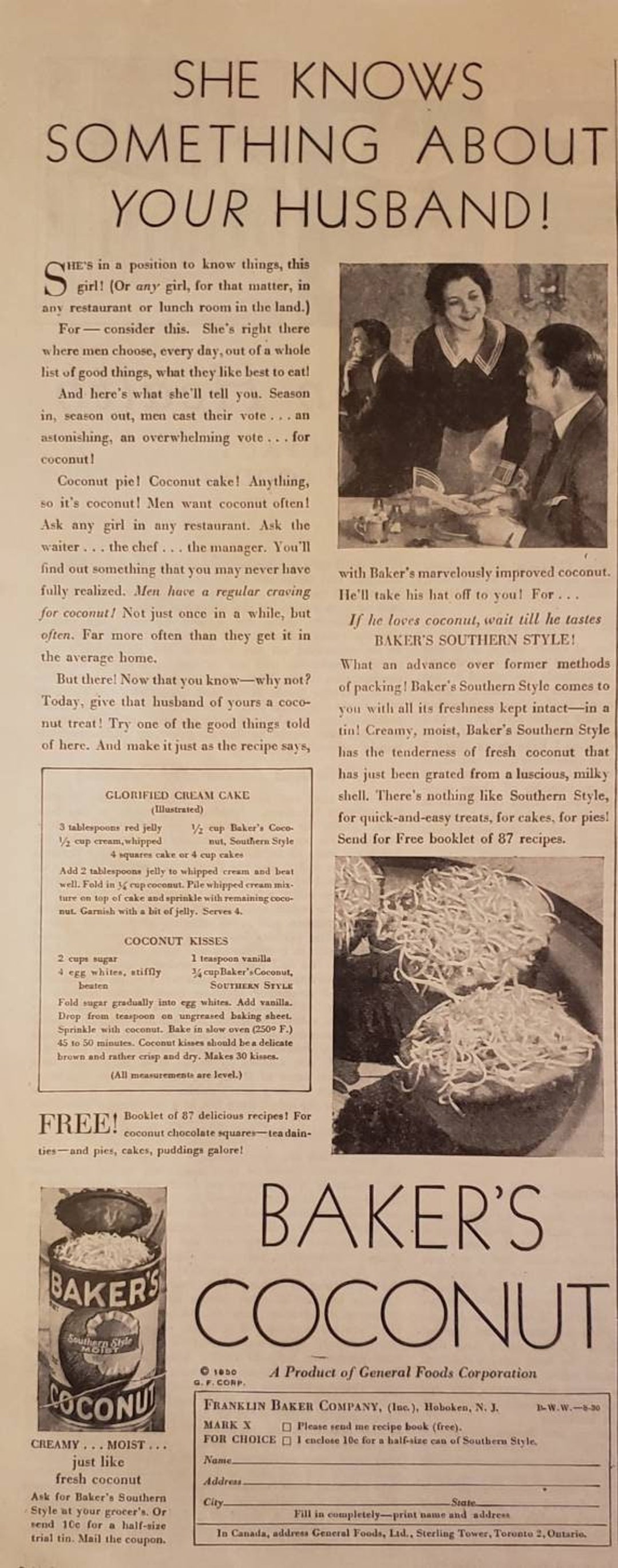 1930 BAKER'S COCONUT Baking Cookies Cake Wife Husband Food - Etsy