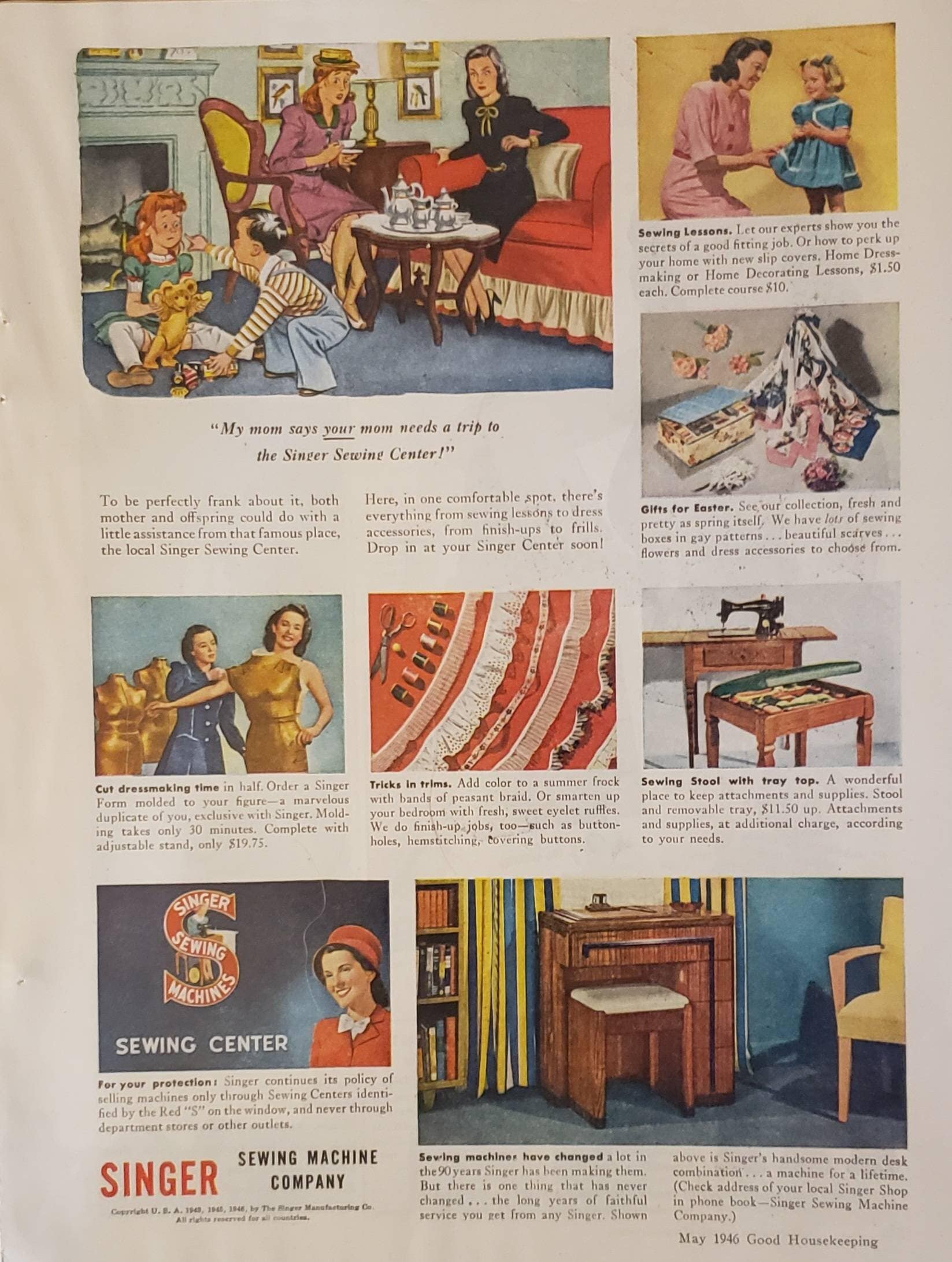 1946 SINGER Sewing Machine Center Dressmaking Sew Trims Stool Vintage