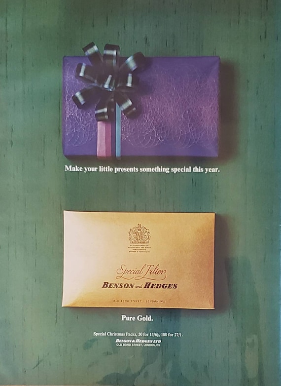 gold bond cigarettes 1965 BENSON AND HEDGES Cigarettes Tobacco Smoking London Pure Gold  Christmas Gift Packs Vintage Print Ad